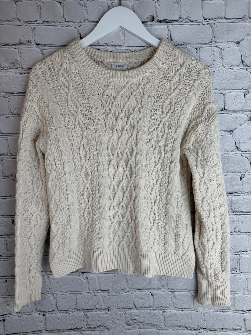 J. CREW Cream Cable-Pattern Crewneck Sweater S Coastal Fisherman